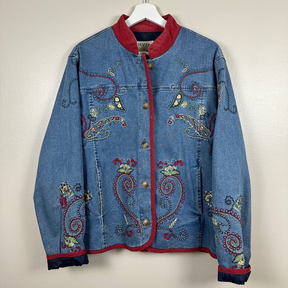 Orvis Women's L Denim Jacket Blue Embroidered Floral Boho Button Front Pockets